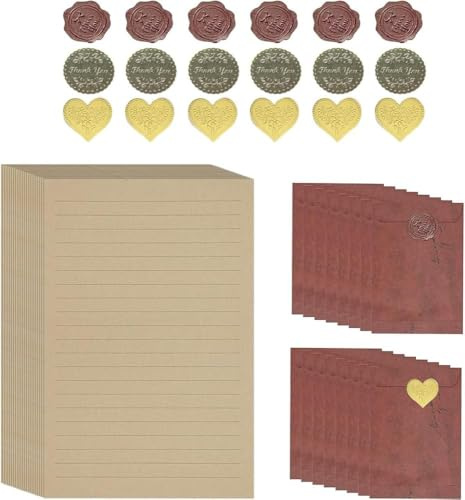 Briefumschlag Briefpapier Set,50 Vintage Briefpapiere und 16 Stück Rotbraune Umschlag Schreibpapier und 18 Siegelaufkleber Vintage Briefumschläge Umschlag Schreibpapier Set zum Schreiben (Red Brown)