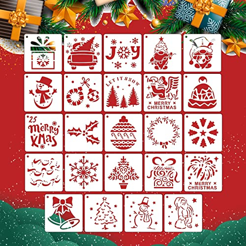 AIEX 24 Stück 7,5cm x 7,5cm Weihnachts Dekorations Schablonen, Wiederverwendbares Weihnachts Zeichenschablonen Weihnachtsmann Schneemannmuster für Holzmalerei Wandfenster Scrapbook (Stil B)