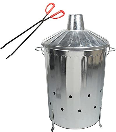 simpa 60L 60 Litre Galvanised Incinerator with Locking Lid Feature and Safety Fire Pit Tongs - 35cm/14