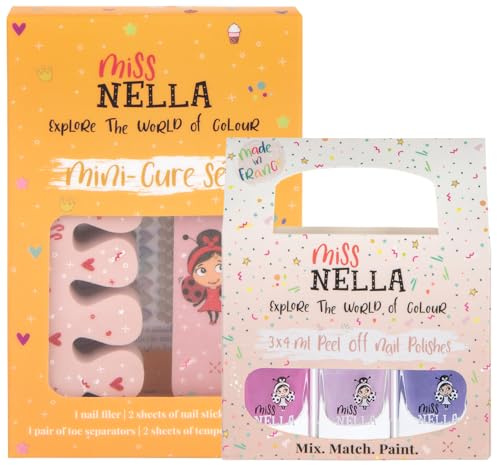 Miss Nella NAGELKIT & PURPLE UNICORN- Nagelzubehör für Kinder- 3 abziehbare Nagellacke, Nagelaufkleber, Tattoos, Nagelfeile & Zehenspreizer- speziell gefertigt für Kinderhände