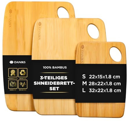Daniks Juego de 3 Tablas de Cortar de Bambú para Cocina, de Madera para Picar Carnes y Verduras (S, M, L)