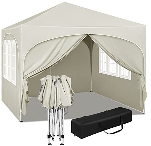 WOLTU Gazebo Pieghevole da Giardino, Gazebo Idrorepellente Pop Up da 3x3m Pannelli Laterali, Tendone Esterno, Altezza Regolabile, Protezione UV, con Custodia Beige