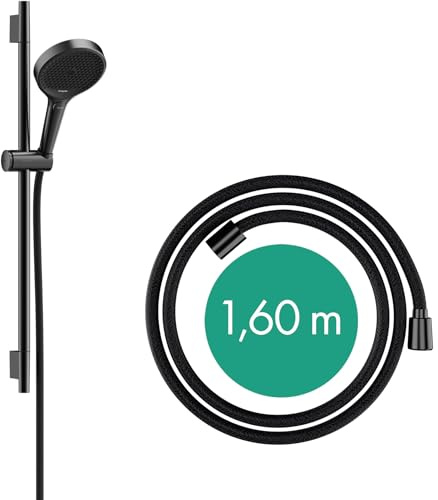 hansgrohe Rainfinity - Set de douche, Ensemble de douche avec douchette, barre 65cm, flexible de douche textile Designflex 160cm et support, Pommeau de douche avec 3 types de jet, Noir chromé brossé
