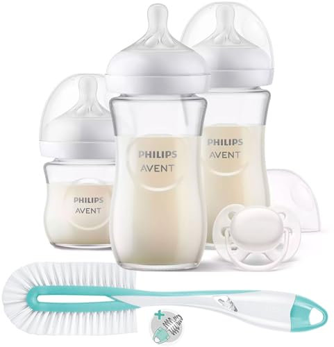 Philips Avent - Set di 2 bicchieri in vetro naturale Response, 240 ml e 120 ml, tettarella 0-6 mesi e spazzola