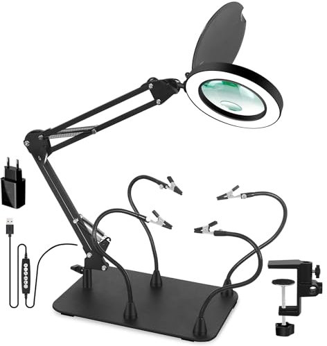 Lupe mit Licht, Magnetische Dritte Hand Löten mit 5X & 10X Lupe,Helfende Hand Lötstation mit4 flexibel Arme,Löthilfe Lötlupe für Schweißer, Schmuckhersteller, Handwerk[Energieklasse G]