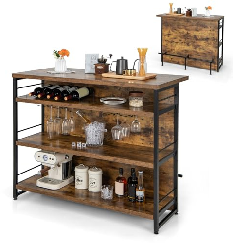 GOPLUS Aparador Con Estantes y Estructura de Metal, Armario Buffet Con Botellero y Soporte Para Cristal, Isla de Cocina, Mesa de Bar Para Comedor, 120 x 60 x 101