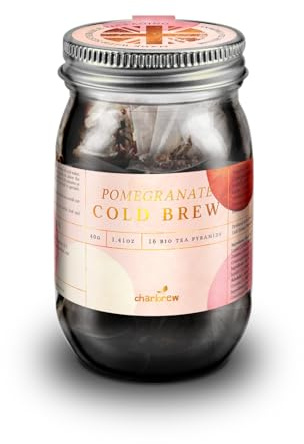 Charbrew Pomegranate Cold Brew Tea Blend – 16 Compostable Fine Mesh Pyramid Teabag Infusers with String & Tag in Reusable Glass Mason Jar Premium Tea from Sri Lanka 40g/1.14oz