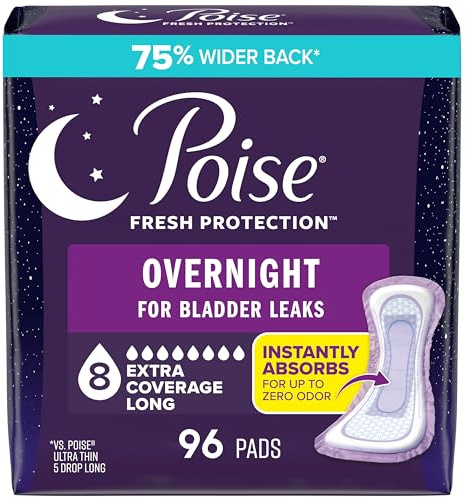 Poise Overnight Incontinence & Postpartum Pads for Bladder Leaks, 8 Drop Extra Coverage, 96 Count, Packaging May Vary