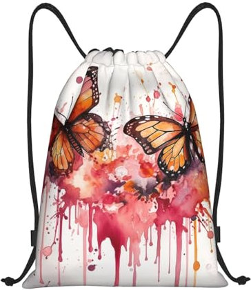 OUSIKA Drawstring Backpack Water Resistant Drawstring Bag for Sport Butterfly drip spray watercolor Gym Bag Bulk Cinch Bag, Black, M, Daypack Backpacks