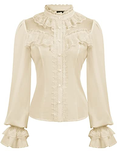 CURLBIUTY Donna Camicia Vintage Manica Lunga Colletto Alto con Decorazione in Pizzo e Polsini Svasati Nera Avorio