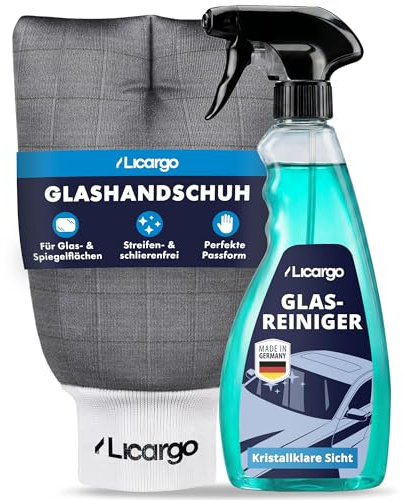 LICARGO Scheiben Set - 1x Carbon Handschuh - 1x Glasreiniger (750ml) - Microfaser Glashandschuh für kristallklare Autoscheiben - kraftvoller Auto Scheibenreiniger innen und außen