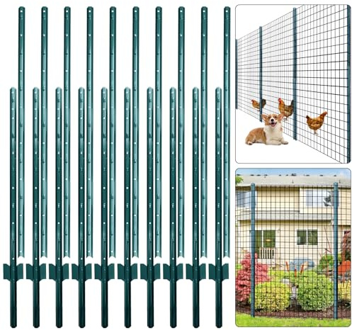 Thealyn Fence Posts 7 FT / 213 CM, Pack of 10 - for 5 FT Wire Fence Mesh, Metal Post with U-Channel, Steel Poles U Post for Garden Wire Mesh Poles for Chicken Wire Mesh