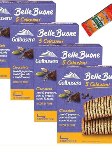 4x Galbusera BelleBuone 5 Colazioni Fette con Cioccolato, Semi di Papavero, Girasole e Zucca 200g in omaggio una bustina di miele ambrosoli da 6 g