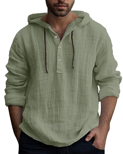 Camisas Cortas de Lino para Hombre Ligeras Camisa con Botones Camisas de Manga Larga con Capucha Holgadas, Transpirables, Bohemias, para Playa Camisa con Capucha, Talla Grande
