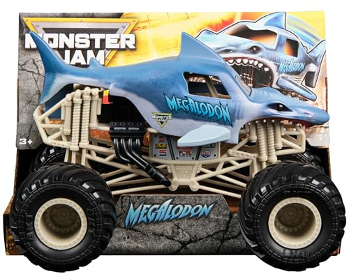 Monster Jam, Megalodon Monster Truck oficial, vehículo fundido a presión de coleccionista, escala 1:24, juguetes para niños y niñas de 3 años en adelante, azul