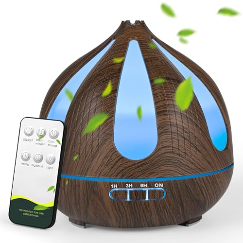 Aroma Diffuser, 500ML Öle Aromatherapie Diffuser 14 LED-Leuchten 7 Farben, 4 Timer Wenig Lärm Automatische Abschaltung Ultraschall-Luftbefeuchter mit Fernbedienung, für Schlafzimmer, Büro (Walnus)