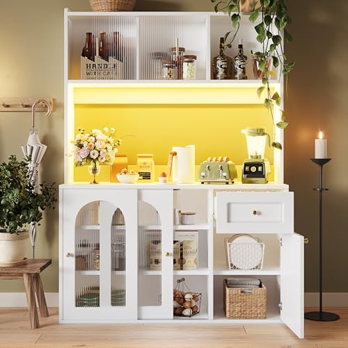 SUKY Armadio da cucina, mobile alto, vetrina, armadietto da pranzo, armadietto a buffet con ripiani regolabili, credenza con illuminazione a LED (bianco)