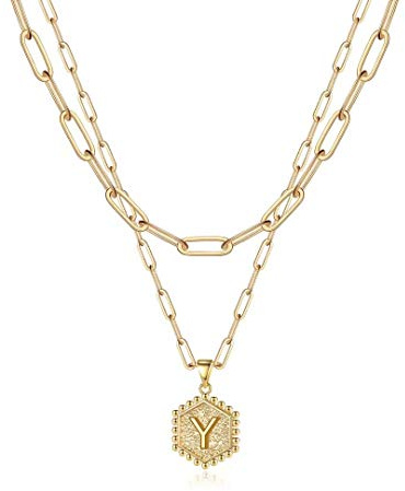 Collares Iniciales de Capas delicadas para Mujeres de Moda, Collar de Oro de la Cadena de Papel de Paperclip de Oro Real de 14k