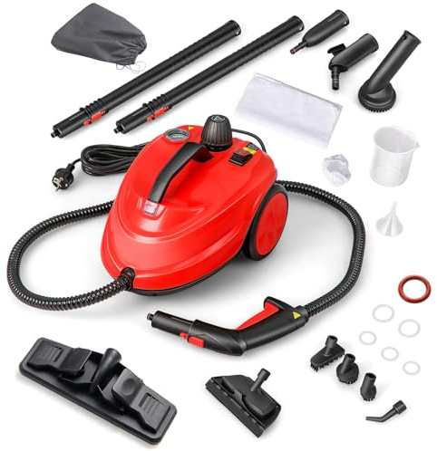GOPLUS Dampfreiniger, Flächenleistung: 108 m², Dampfdruck: 5 bar, 1,8 L Wassertank, Aufheizzeit: 8 min., 2000W, mit Bodenreinigungsset, Düsen und Bezüge, Dampfreiniger für Alles (Rot)