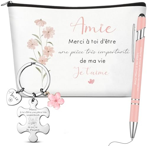 Hestya Cadeau de Meilleure Amie Femme Sœur Trousse de Maquillage Amie Porte-Clés Puzzle avec Texte Stylo à Bille Rose Cadeau Meilleure Copine Original pour Anniversaire Noël Anniversaire