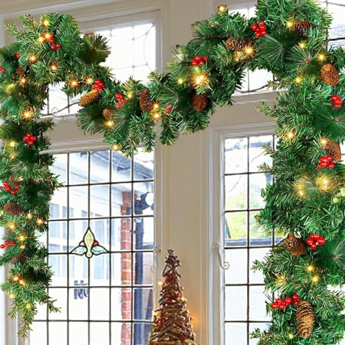 Weihnachtsgirlande mit Beleuchtung,2.57M LED Girlande Weihnachten,Vor Beleuchteter Künstlicher weihnachtsgirlande,Weihnachtsdeko Girlande,Weihnachten Outdoor für Treppen,Türen,Zuhause,Draußen