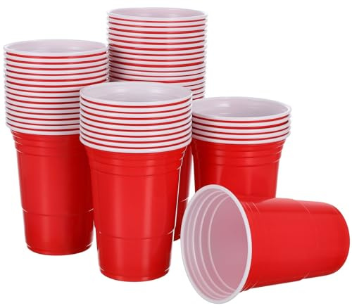Hot n Fresh 50 x American Red Party Cups 16oz (473ml) Reusable Plastic Drinking Glass for Catering Supply Parties Birthday Weddings