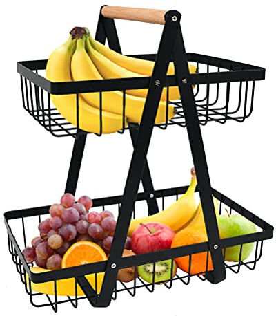 DODUOS 2 Tier Fruit Basket Countertop Metal Fruit Basket, 2 Tier Fruit Bowl Detachable Metal Fruit Holder, Black Portable Modern Fruit Storage Rack for Fruit Vegetables Snacks