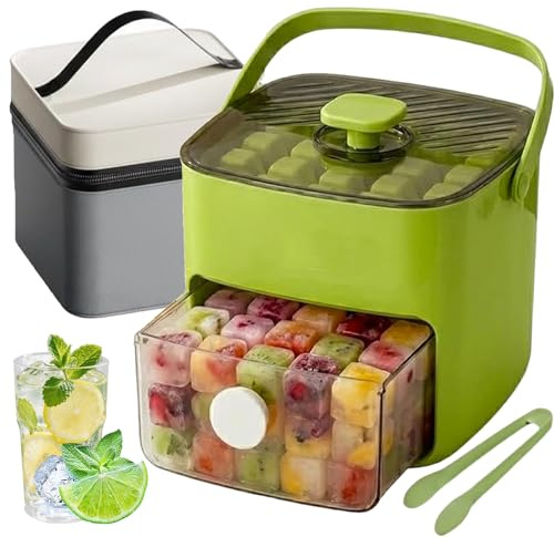 Máquina de Cubitos 48 Rejillas con Tapa de Prensa, Bandeja Hielo Doble Capa para Congelador, Molde Silicona de Liberación Rápida y Caja Almacenaje con Pala para Whisky o Cóctel (A+Insulated Bag)