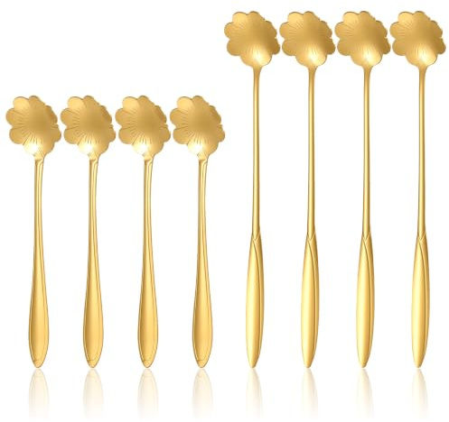 Elegaperma 8 cucharas de flores doradas, pequeñas cucharas doradas, cucharas de flores de acero inoxidable, 12,5 cm y 17,5 cm de longitud para moca, café, té, postres, cereales, batidos de leche