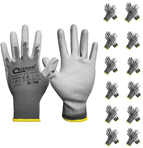 QEARSAFETY 12 Paar PU Palm beschichtete Arbeitshandschuhe, Strickfutter, Multifunktion, leicht, dünn und atmungsaktiv (10/XL, Grau)