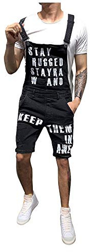 Peto Vaquero Hombre Corto Verano Casual Pantalones Vaqueros de Mono con Estampado de Letras pantalón de Tirantes multibolsillo Pantalones de Mezclilla Jeans Negro 153