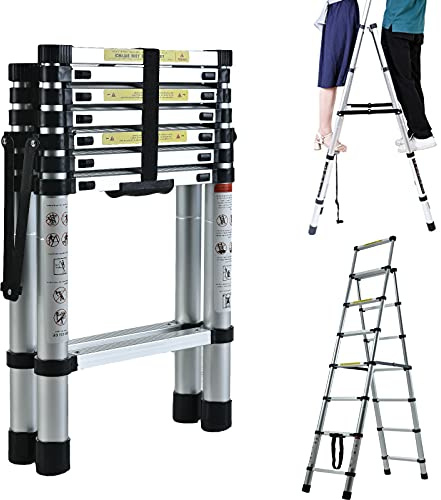 Foldable 6+7 Tread Ladder Aluminium Telescopic Step Ladders Safety Home Kitchen Office Garden Ladder Non Slip EN131 Standard (7 Stepladder)