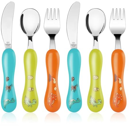Lehoo Castle Stainless Steel Toddler Cutlery Set, 6-Piece Dinosaur Design | Kids Children Cutlery Includes 2 Spoons, 2 Forks, 2 Knives, BPA free, Rounded Edges for 2-4 Years Old
