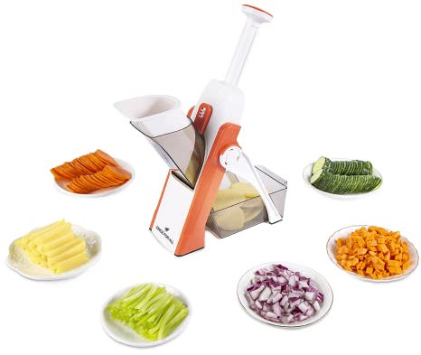 ONCE FOR ALL Safe Mandoline Slicer 5 in 1 Gemüseschneider, Streifen Julienne Dicer Einstellbare Dicke 0,1-8 mm für Küche Fast Meal Prep (Orange)