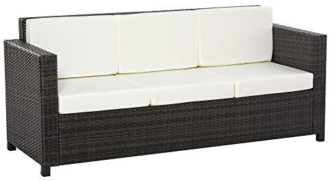 Outsunny Poly-Rattan Sofa mit Kissen 3-Sitzer Garten Loungesofa Metall Polyester Braun+Weiß 185 x 70 x 80 cm