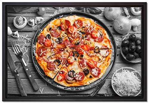 Pixxprint Pizza auf Pizzablech Leinwandbild 60x40 cm im Bilderahmen, Wandbild, Schattenfugenrahmen, Kein Poster