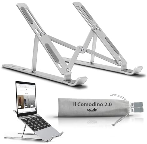 Cable Technologies Comodino 2.0 Supporto PC Portatile Notebook Ventilato, Laptop Stand Regolabile 7 angolazioni, Compatibile con PC 10-15,6” Macbook Air,Pro,Sacca inclusa, Alluminio e Silicone
