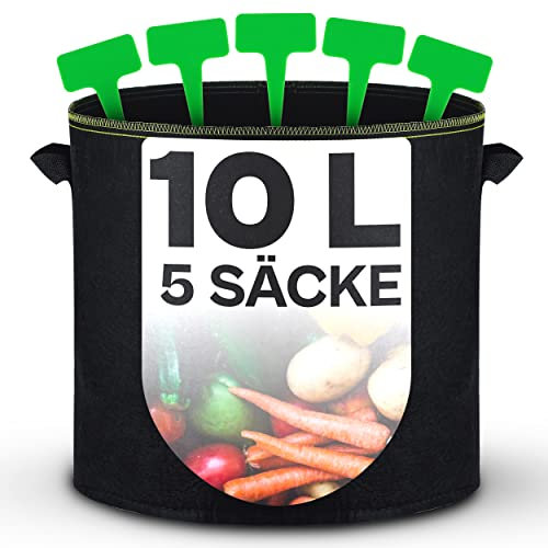 Praknu Sac de Plantation 10l - 5 Sacs a Plantes avec Fenêtre et Étiquettes - Pot Geotextile pour Plantes, Fleurs, Fruits