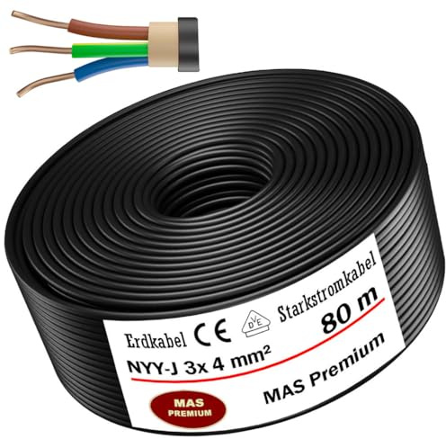 MAS Premium 5-170m NYY-J 3x1,5 2,5 4 6 10 16 oder 5x1,5 2,5 4 6 10 16 Erdkabel Starkstromkabel Elektrokabel Ring zur Verlegung im Freien Erdreich (NYY-J 3x4 mm², 80m)