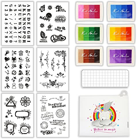 BITEYI Set di Timbri in Silicone Trasparente, 6 Fogli, 1 Blocco in Acrilico, 6 Tamponi Colorati, 1 Borsa per Conservazione, per Scrapbooking Decorativo (CSS1)