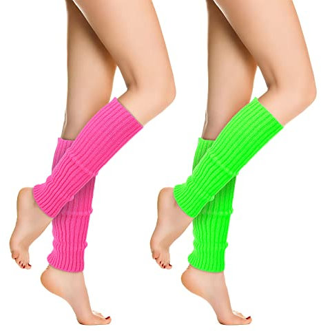 Yolev 2 Paar Damen Bein Stulpen Neon Pink Fluoreszierend Grün Gestrickte Beinstulpen 80er 90er Jahre Abschlussball Party Accessoires Retro Party Tanz Aerobic Kostüm Zubehör