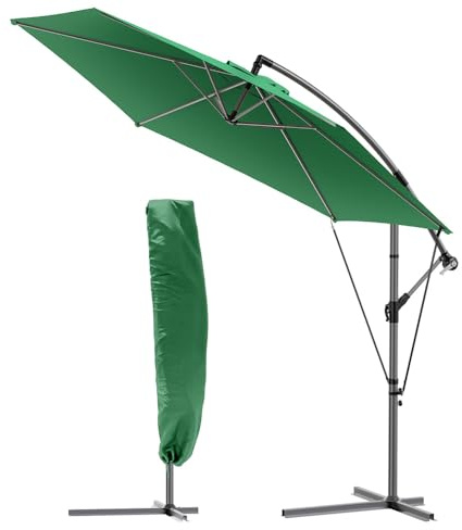 VOUNOT® 300 cm Parasol Excentrico, Sombrilla de Jardín con Manivela, Funda Protectora y Correa de Fijación, Protección UV, Verde
