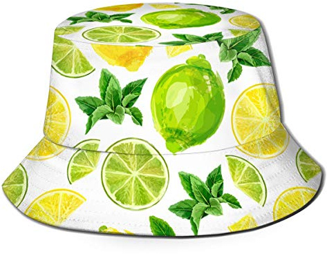 QQIAEJIA Lustige Früchte bedruckte Fischerhut Fischerhut für Männer Frauen Strandkappe Sonnenhut UV-Schutz verstaubare Kappe, Zitrusfrüchte Limette Zitrone und Minze, One size
