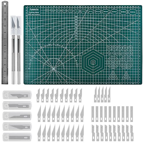 TMBMLPP A3 Schneidematte mit 55stk Bastelmesser, 2 Griffen und Stahllineal, Schneideunterlage Set, Schneidunterlage Basteln, für Basteln Zeichenunterlage Bastelskalpell - Grün