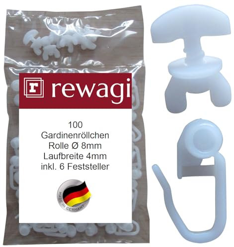 rewagi 100 Gardinenröllchen - Rollringe Gleiter Innenlauf, Rolle Ø 8 mm, Überklipshaken, Faltenlegehaken, Gardinenhaken für Gardinenschiene & 6 Feststeller