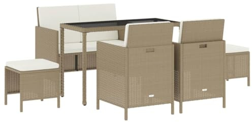 vidaXL Matgrupp med dynor för trädgården 6 delar beige konstrotting, matbord, matstolar, utegrupper, matstol, utegrupp, utebord, altanbord
