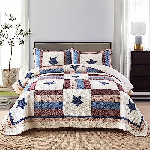 VISIMISI Tagesdecke Baumwolle Bettüberwurf 240x260cm, 3 teilige Bettdecke mit 2 Kissenbezüge,Europäischer Mittelmeer Stil Sternmuster Gesteppte Steppdecke für Doppelbett (Sternmuster, 250x270cm)