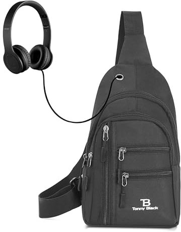 Tonny Black Brusttasche - Wasserdichte Schultertasche, Ultraleicht Umhängetasche mit USB und Kopfhörerausgang, Sling Bag für Herren und Damen, 26x16x4,5 cm, Schwarze