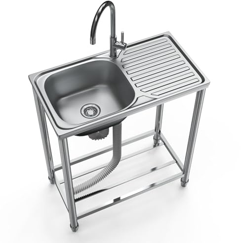 Stainless Steel Kitchen Sink Commercial Sink Single Bowl 80x75x40cm Mobile Sinks with Hot Cold Style Faucet and Storage Shelves with Workbench and Drainer Unit for Outdoor Indoor Garden
