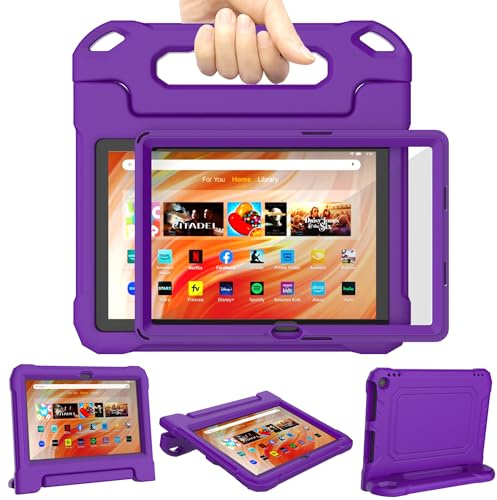 Fire HD 10 Tablet Hülle für Kinder (13./11. Gen, 2023/2021), Nicht für iPad, TrendGate Leichtes Stoßfeste Hülle Integrierter Displayschutz mit Griffständer für Fire HD 10 Plus & Kids Pro Tablet - Lila